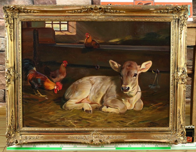 Hermann Gemeinhardt Ölgemälde älter Kälbchen im Stall