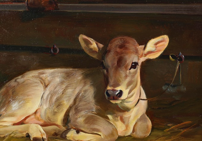 Hermann Gemeinhardt Ölgemälde älter Kälbchen im Stall