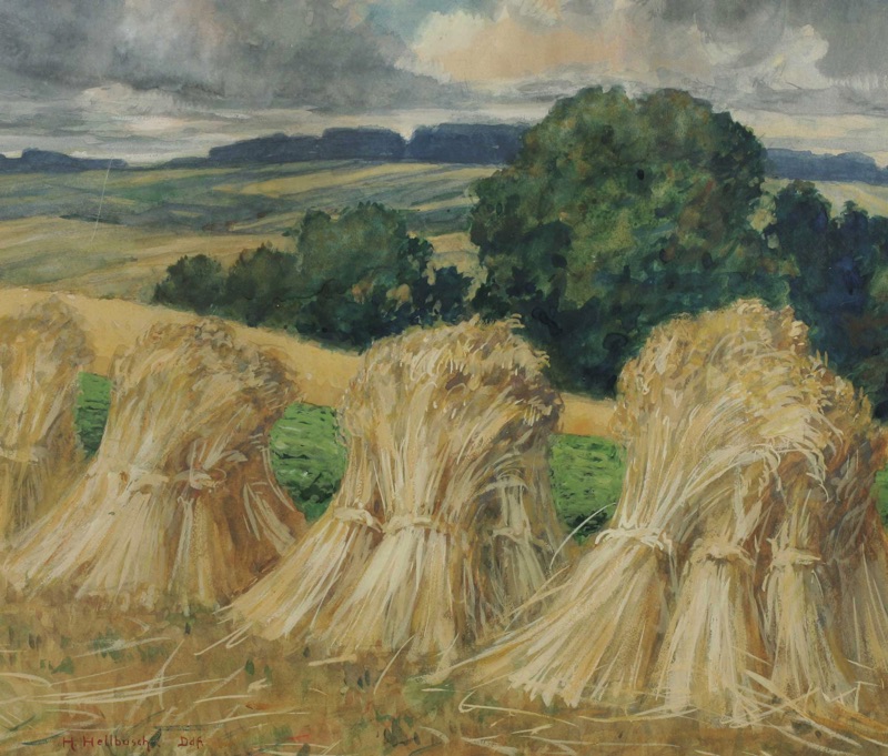 Hermann Hellbusch Aquarell antik Korngarben Feld