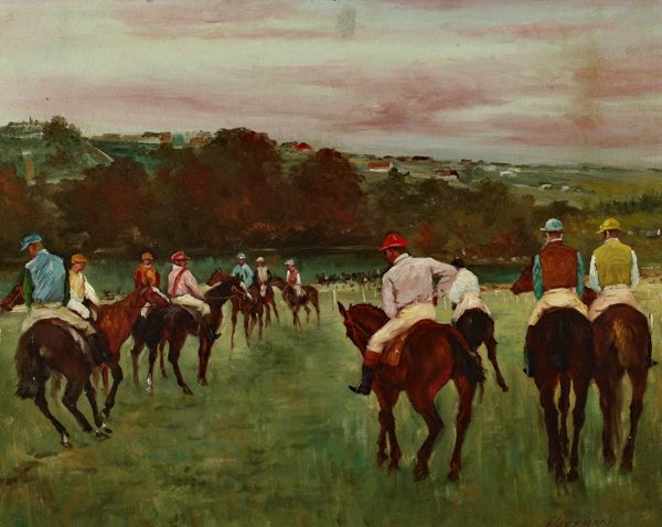 Hoffman älteres Ölgemälde Jockeys Pferde Pferderennen Pferderennbahn USA England