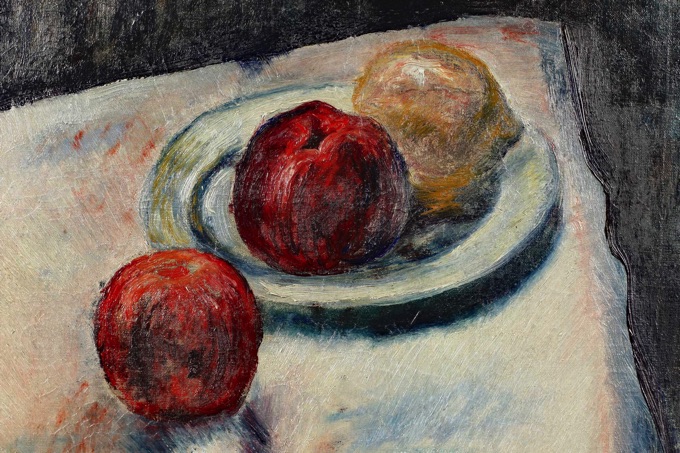 Impressionist antikes Ölgemälde Stillleben Äpfel Topfpflanze