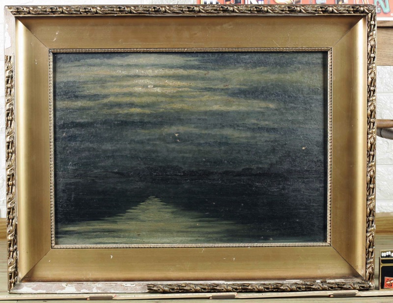 Impressionist antikes Ölgemälde Wasser bei Nacht Mond