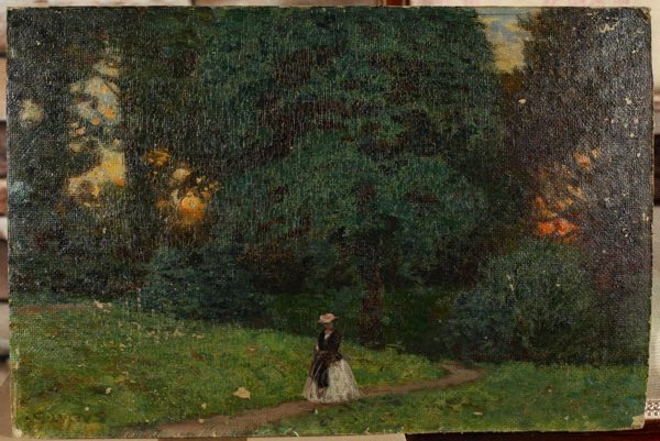 Impressionist unleserlich signiert Ölgemälde antik Dame Landschaft