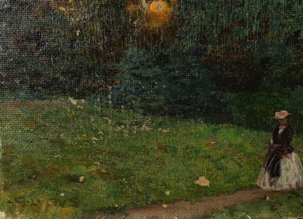 Impressionist unleserlich signiert Ölgemälde antik Dame Landschaft