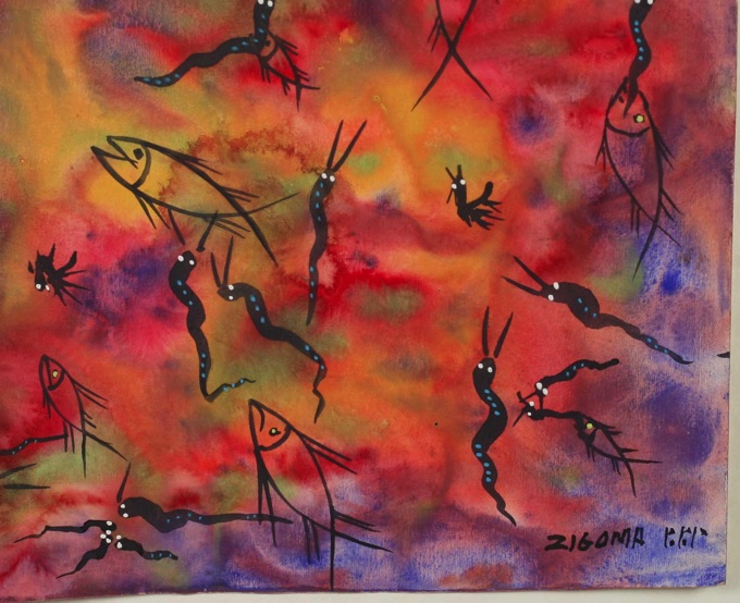 Jacques Zigoma Brazzaville 1936 1987 Aquarell Meerestiere abstrakt 2