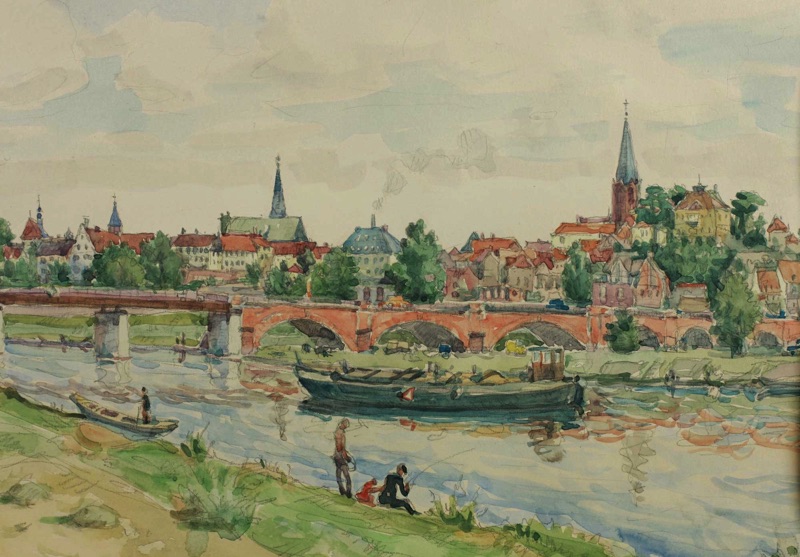 Jakob Fischer Rhein Aquarell Aschaffenburg Main 1953