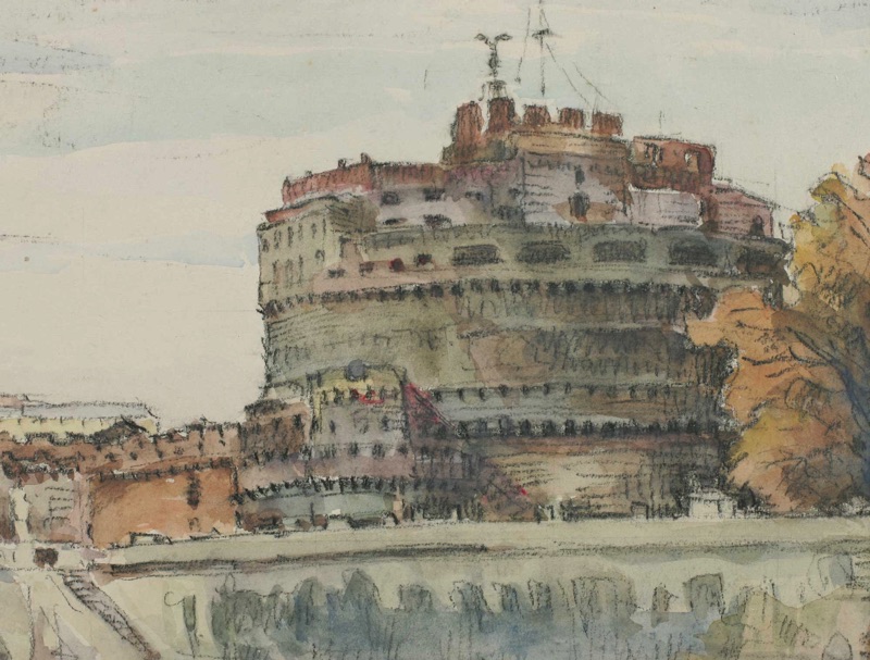 Jakob Fischer Rhein Aquarell Rom Engelsbrücke 1950