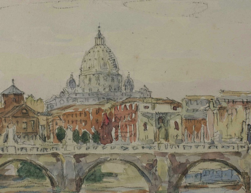 Jakob Fischer Rhein Aquarell Rom Engelsbrücke 1950