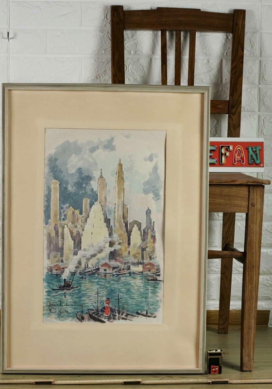 Jakob Fischer Rhein Aquarell antik New York 1934