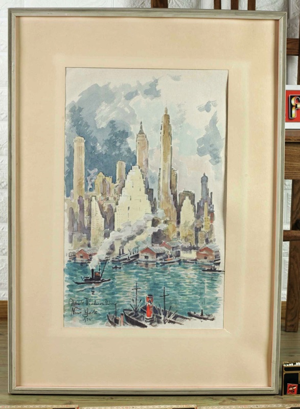 Jakob Fischer Rhein Aquarell antik New York 1934