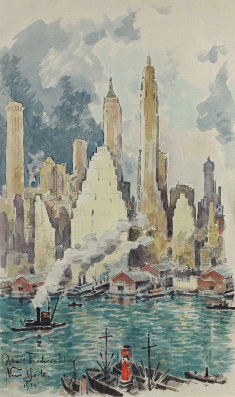 Jakob Fischer Rhein Aquarell antik New York 1934