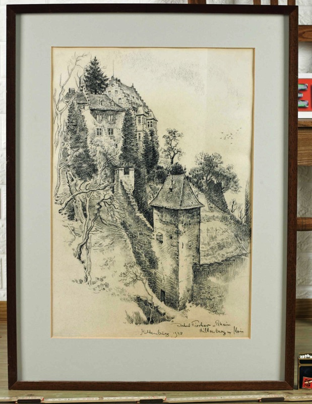 Jakob Fischer Rhein Zeichnung antik 1948 Mildenburg Miltenburg am Main