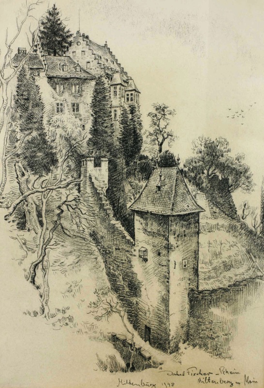 Jakob Fischer Rhein Zeichnung antik 1948 Mildenburg Miltenburg am Main