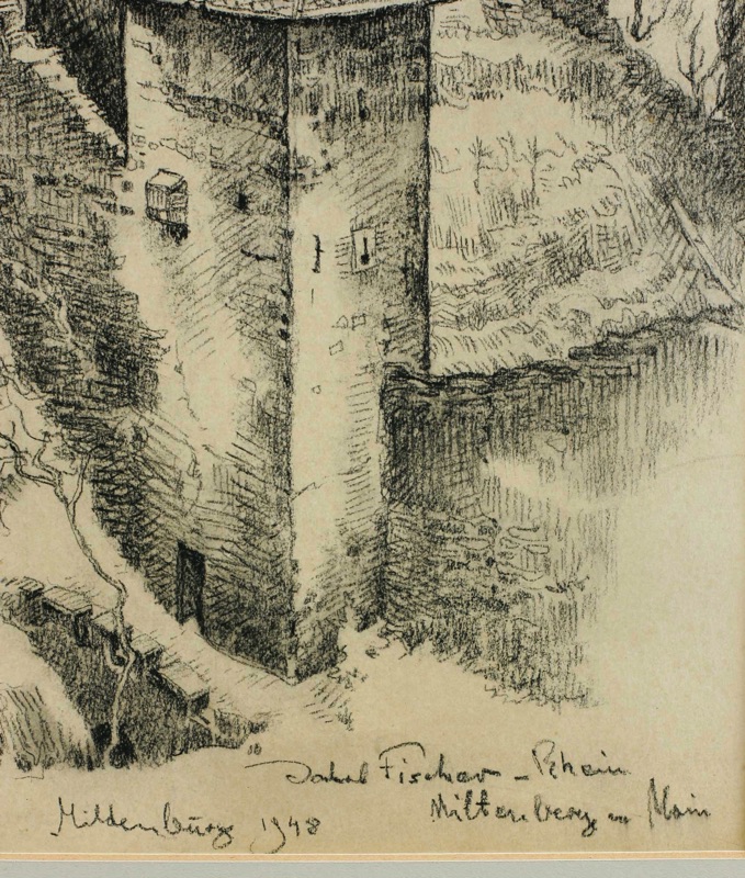 Jakob Fischer Rhein Zeichnung antik 1948 Mildenburg Miltenburg am Main
