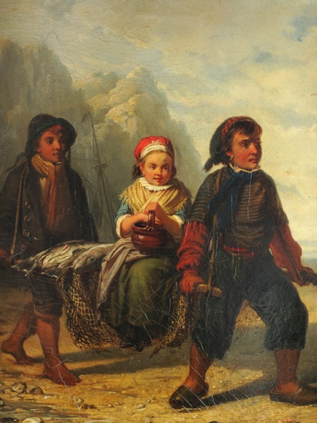 Julius Wagner Ölgemälde antik 1866 Anwers Antwerpen Fischer Strand