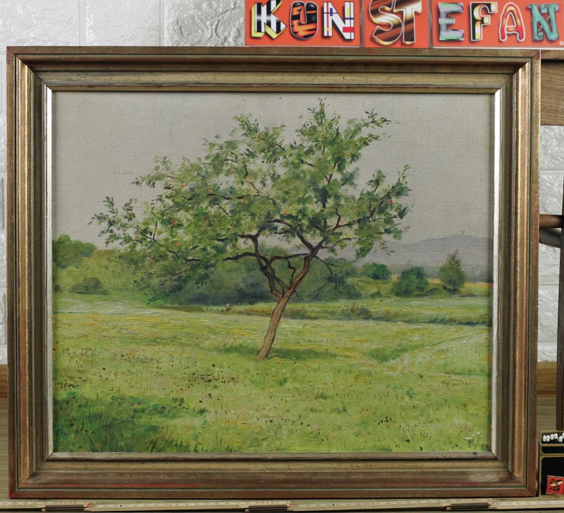 Karl Mergell antikes Ölgemälde Obstwiese Apfelbaum Taunus