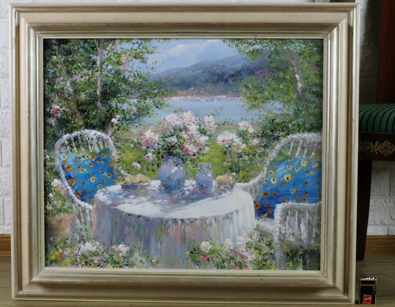 Lucia Sarto Ölgemälde Impressionist gedeckter Tisch am See 2002