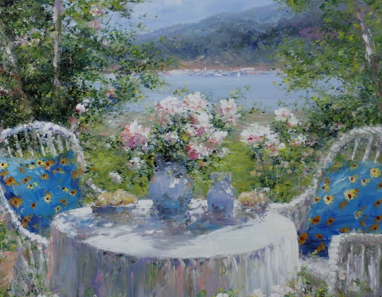 Lucia Sarto Ölgemälde Impressionist gedeckter Tisch am See 2002