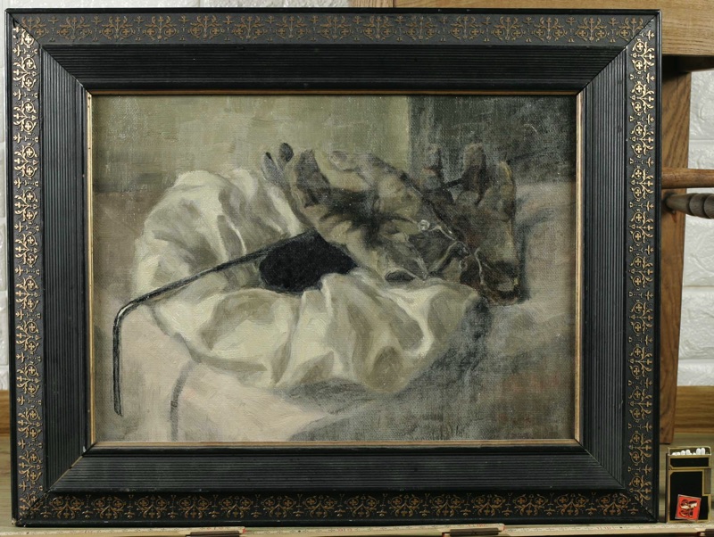 M v B Ölgemälde antik Handschuhe Reitgerte 1937