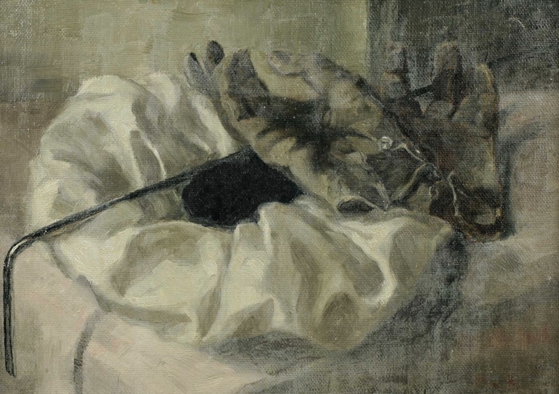 M v B Ölgemälde antik Handschuhe Reitgerte 1937