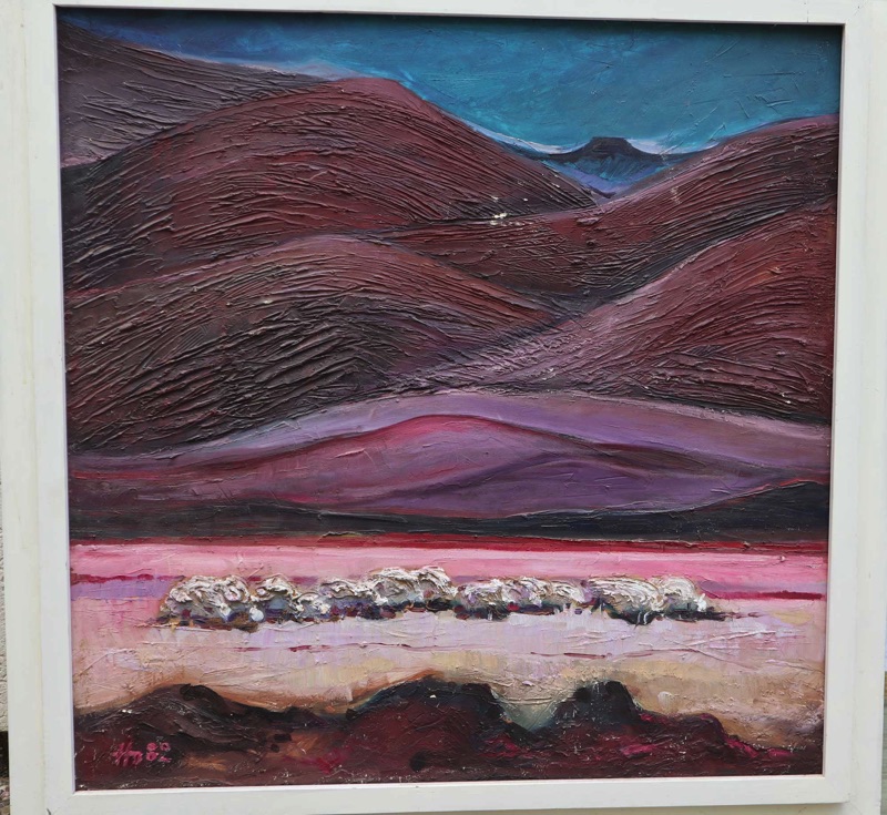Manfred Homeyer Ölgemälde 1982 Schafe Landschaft beschädigt
