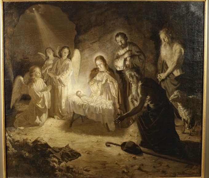 Michael Emonds Alt Ölgemälde antik Grisaille Geburt Christi
