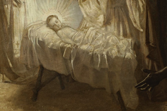 Michael Emonds Alt Ölgemälde antik Grisaille Geburt Christi