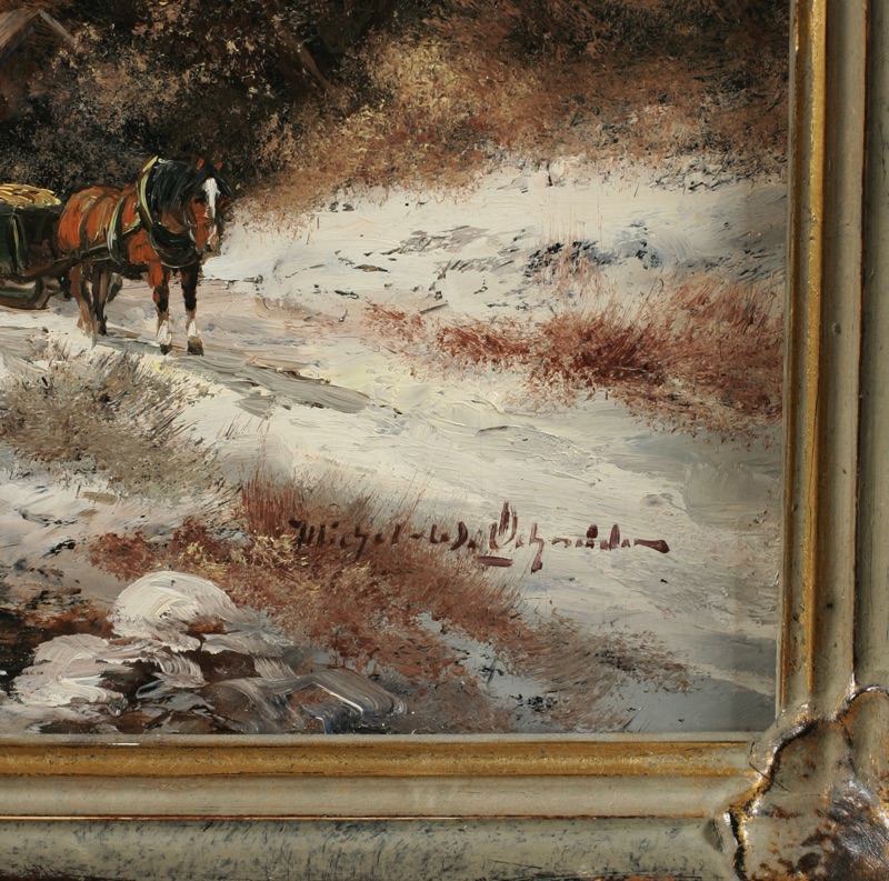 Michael W Schneider Ölgemälde Winter Dorf Pferd Fuhrwerk