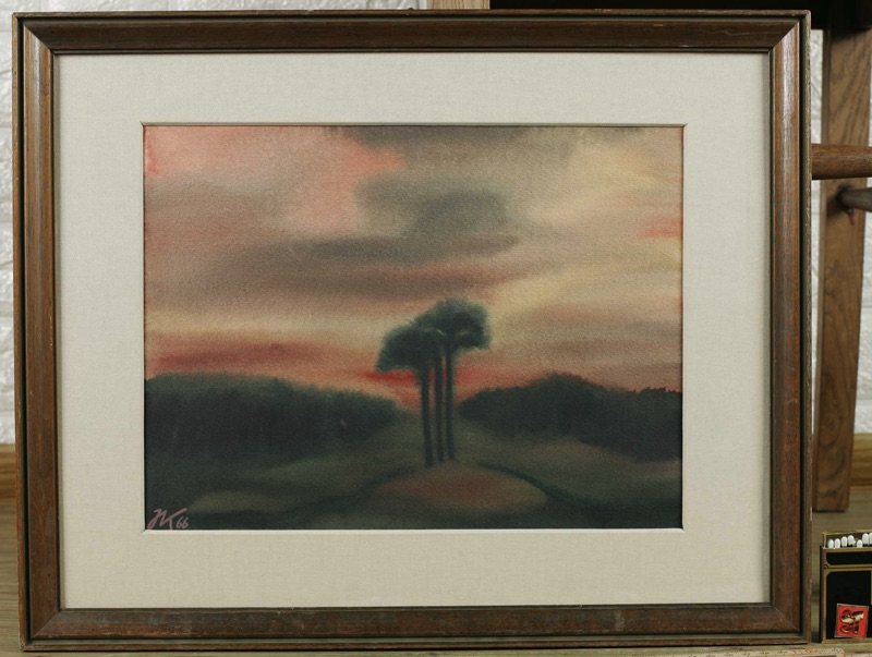 Monogramm Aquarell 1966 Landschaft Bäume