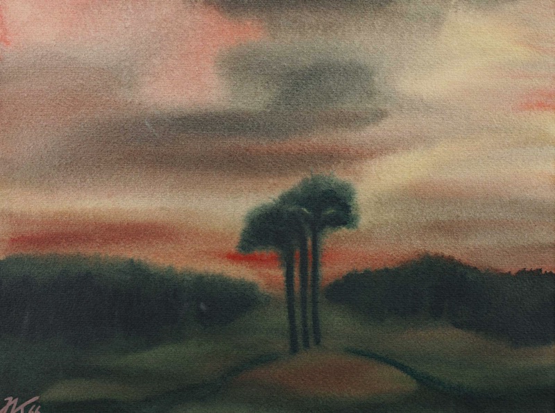Monogramm Aquarell 1966 Landschaft Bäume
