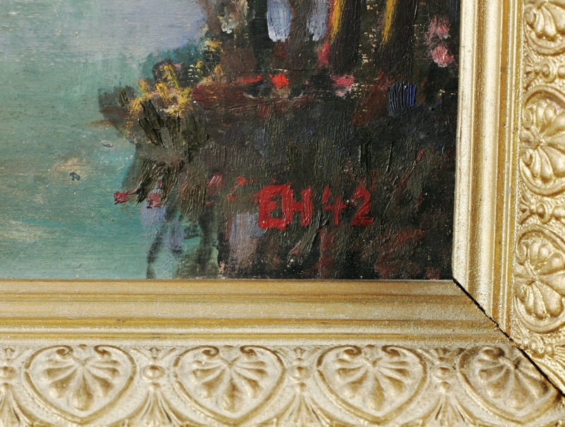 Monogramm E H Ölgemälde antik Am Wolchow