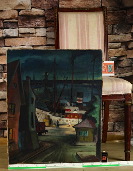 Monogramm Ölgemälde Hafen 1951 expressiv beidseitig
