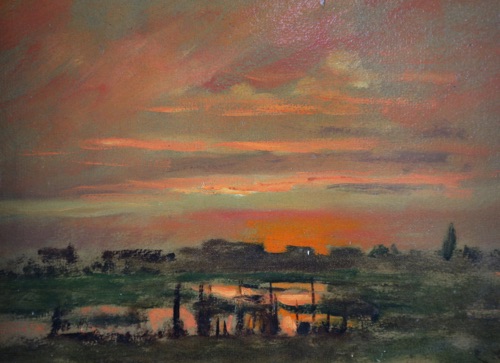 Monogramm Ölgemälde Landschaft Sonnenuntergang