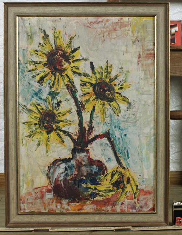 Monogrammiertes Ölgemälde O G 1962 Stillleben Sonnenblumen