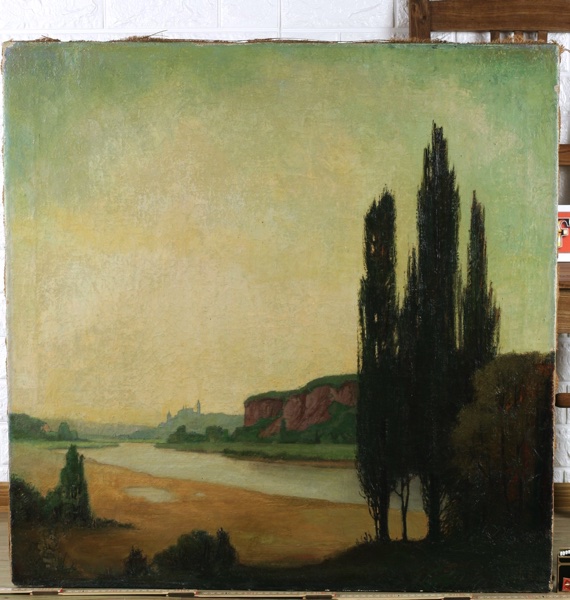 Monogrammiertes antikes Ölgemälde 1919 Landschaft Pappel