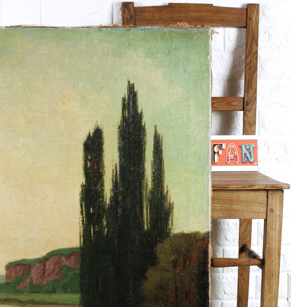 Monogrammiertes antikes Ölgemälde 1919 Landschaft Pappel