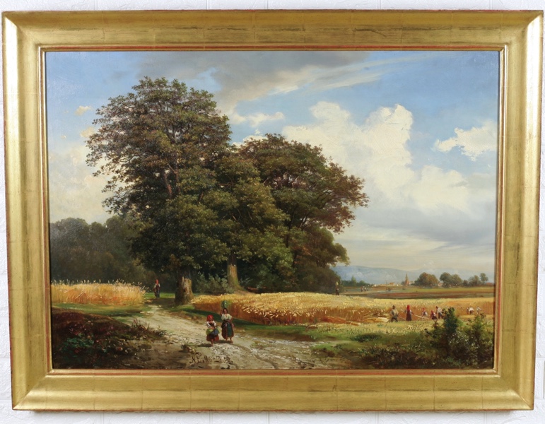 Nicelli Ölgemälde antik 1839 Landschaft Ernte Stadt Personen
