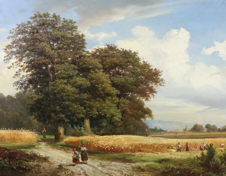 Nicelli Ölgemälde antik 1839 Landschaft Ernte Stadt Personen