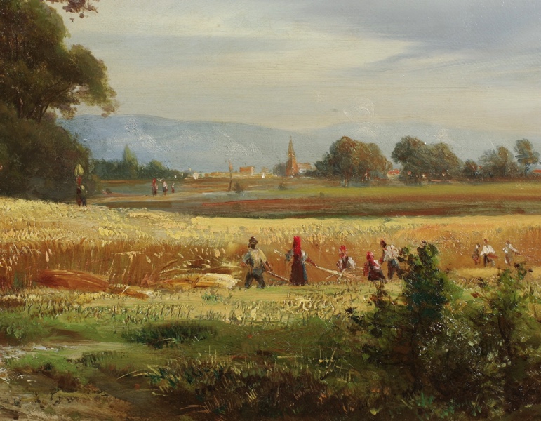 Nicelli Ölgemälde antik 1839 Landschaft Ernte Stadt Personen