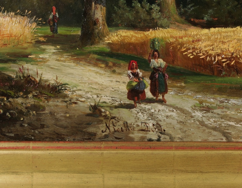 Nicelli Ölgemälde antik 1839 Landschaft Ernte Stadt Personen