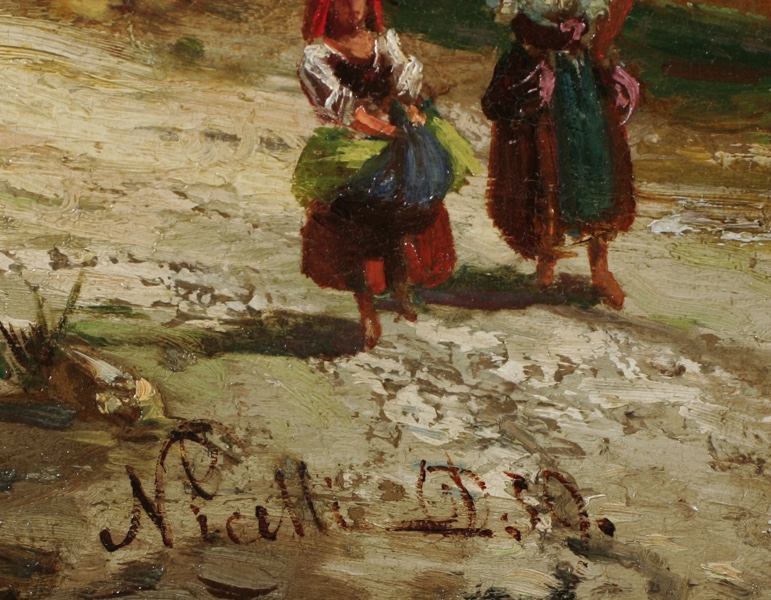 Nicelli Ölgemälde antik 1839 Landschaft Ernte Stadt Personen