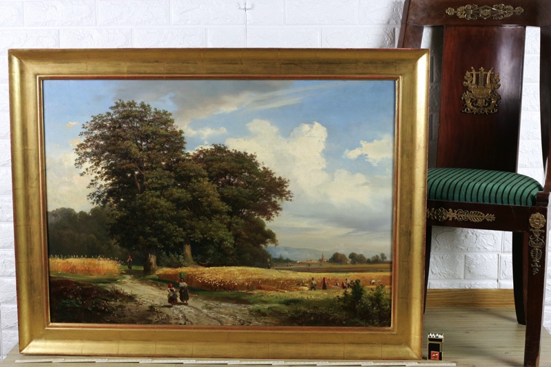 Nicelli Ölgemälde antik 1839 Landschaft Ernte Stadt Personen
