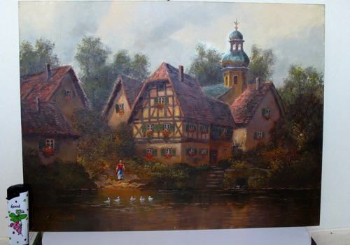 Otto Franke geboren 1909 Bochum Ölgemälde Dorf Kirche Enten Fulda Hünfeld