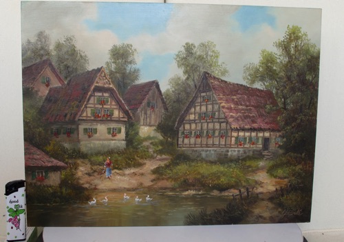 Otto Franke Ölgemälde Enten Dorf Teich