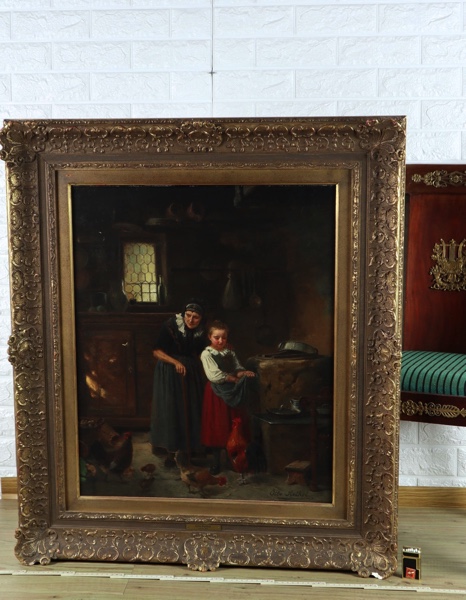Otto Rethel Ölgemälde antik Mädchen Hühner Interieur