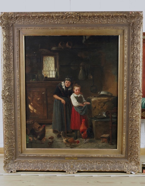 Otto Rethel Ölgemälde antik Mädchen Hühner Interieur