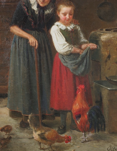 Otto Rethel Ölgemälde antik Mädchen Hühner Interieur