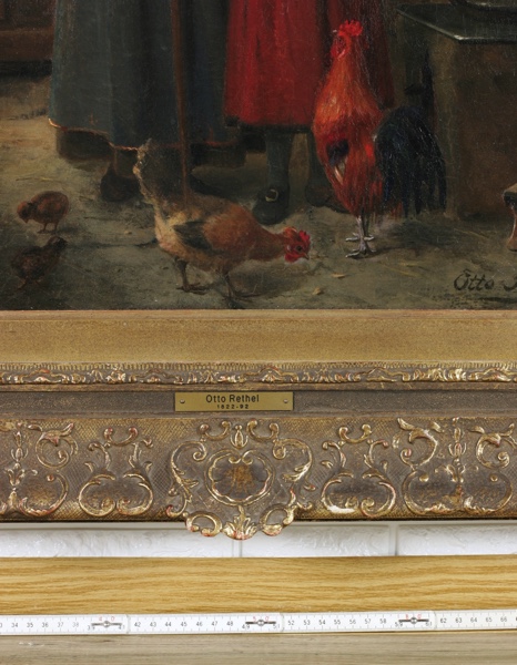 Otto Rethel Ölgemälde antik Mädchen Hühner Interieur