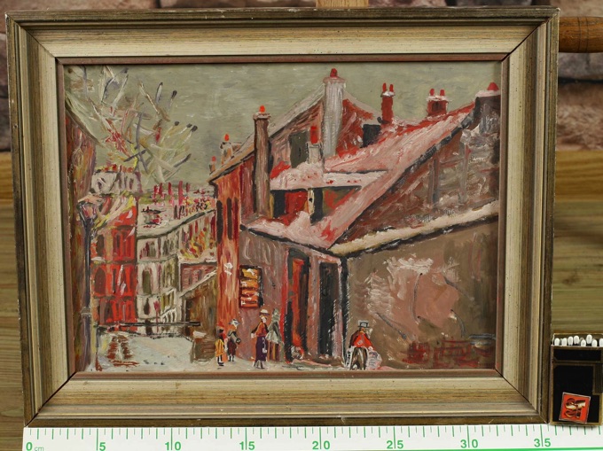 älteres Ölgemälde Kopie nach M. Utrillo Montmartre Winterspaziergang Personen 