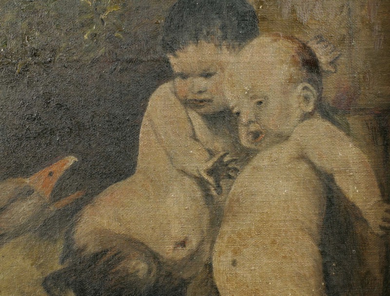 Ölgemälde antik Faun Gans beschädigt